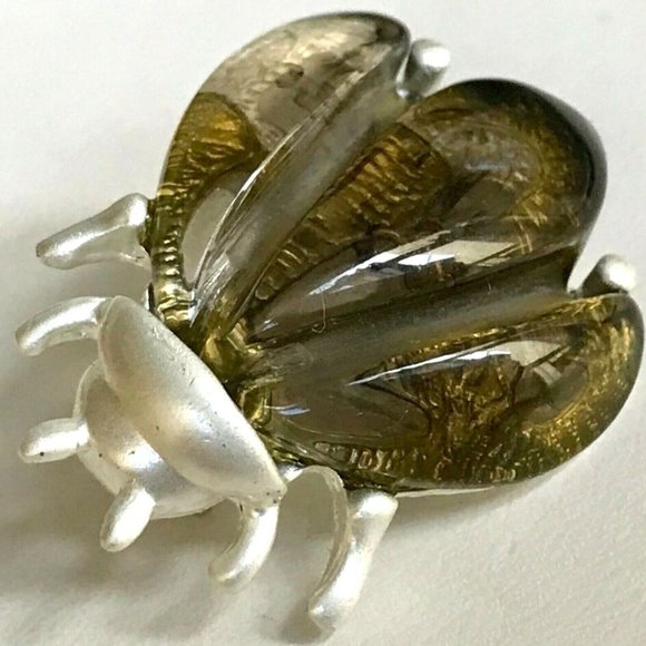 Vintage Beetle Pin Brooch Silver Tone Ladybug Bug Insect Simulated Amber - Picture 3 of 7